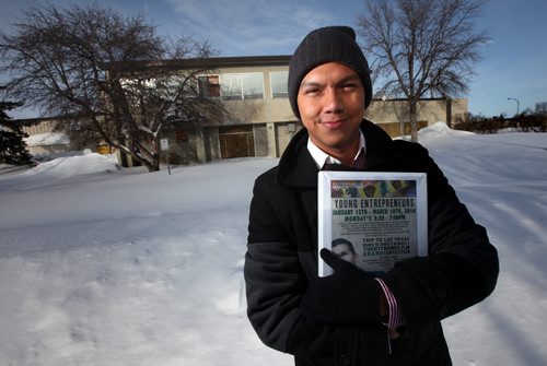 A young aboriginal student is headed to Las Vegas to pitch a plan involving a hotel redevelopment plan for one of the barracks on the former Kapyong base. The student, Kelly Edwards, 21, won a local award sponsored through the University of Winnipeg with judges from the Winnipeg Chamber of Commerce and the Aboriginal Chamber of Commerce. They chose Edwards pitch for the Las Vegas event. Here he poses in front of one of Kapyongs' abandoned buildings. January 23, 2014 - (Phil Hossack / Winnipeg Free Press)