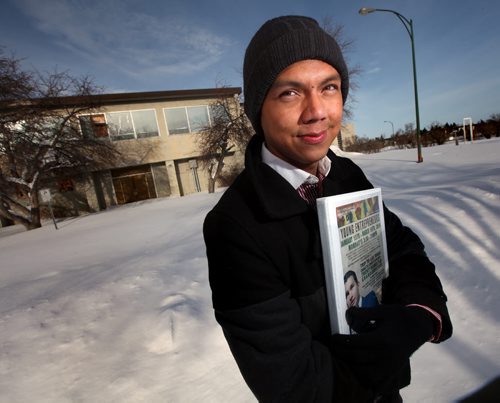 A young aboriginal student is headed to Las Vegas to pitch a plan involving a hotel redevelopment plan for one of the barracks on the former Kapyong base. The student, Kelly Edwards, 21, won a local award sponsored through the University of Winnipeg with judges from the Winnipeg Chamber of Commerce and the Aboriginal Chamber of Commerce. They chose Edwards pitch for the Las Vegas event. Here he poses in front of one of Kapyongs' abandoned buildings. January 23, 2014 - (Phil Hossack / Winnipeg Free Press)