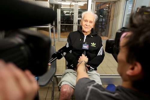 Jaring Timmerman, 105, faces the media after completing his 50m backstroke heat during the Catherin Kerr Pentathlon at the Pan Am Pool, Friday, January 24, 2014. (TREVOR HAGAN/WINNIPEG FREE PRESS)