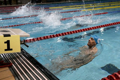 Jaring Timmerman, 105, starts his 50m backstroke heat during the Catherin Kerr Pentathlon at the Pan Am Pool, Friday, January 24, 2014. (TREVOR HAGAN/WINNIPEG FREE PRESS)