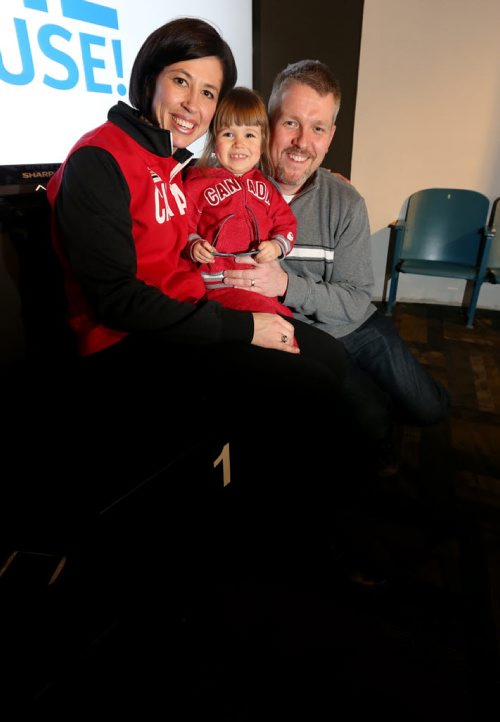 Jill Officer with her husband Devlin Hinchey and her 2 year old daughter, Camryn, at the Manitoba Sports Hall of Fame, January 25, 2014. (TREVOR HAGAN/WINNIPEG FREE PRESS)