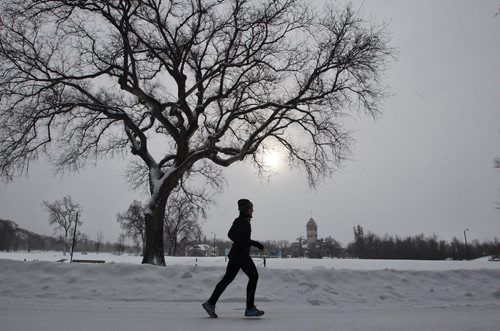A jogger makes their way through Assiniboine Park during a gloomy morning of gusting snow. 140126 - January 26, 2014 MIKE DEAL / WINNIPEG FREE PRESS