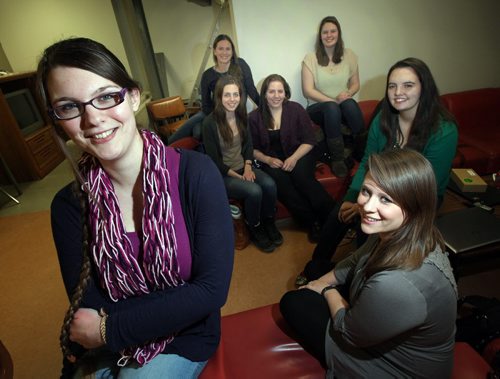 Computer science team captain Diana Carrier (front, from left), Shelby Bernhard and Hayley Guillou are heading to Montreal, along with Vanessa Reimer (rear, from left) Adrienne Pind, Lauren Slusky and Caitlin Martins. See Nick Martins story. January 28, 2014 - (Phil Hossack / Winnipeg Free Press)