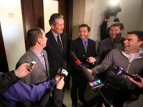 Manitoba PC leader Brian Pallister,  talks to the media about  the two new MLA's Shannon Martin (left) and Doyle Piwniuk at the Leg Wednesday morning after their bi-election wining last night.   Jan 29,, 2014 Ruth Bonneville / Winnipeg Free Press