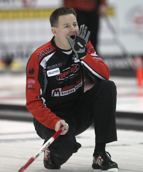 Draw 2 of the 2014 Safeway Championships at the MTS Iceplex in Winnipeg Wednesday morning  Skip Rob Fowler from Brandon yells instructions during play against Geoff Trimble from Gladstone- See Paul Wiecek story- Jan 29, 2014   (JOE BRYKSA / WINNIPEG FREE PRESS)