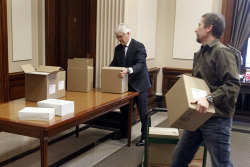 Copies of the  The Legacy of Phoenix Sinclair, Achieving the Best for All Our Children report by The Hon. Ted Hughes are delivered to the Legislative Assembly Committee room for reporters to review Friday morning .  Wayne Glowacki / Winnipeg Free Press Jan.31  2014