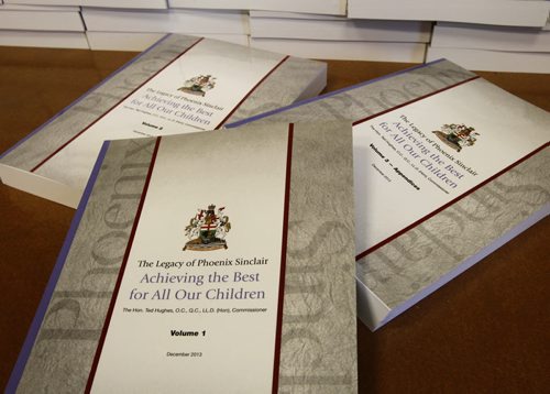 The three volumes of The Legacy of Phoenix Sinclair, Achieving the Best for All Our Children report by The Hon. Ted Hughes.  Wayne Glowacki / Winnipeg Free Press Jan.31  2014