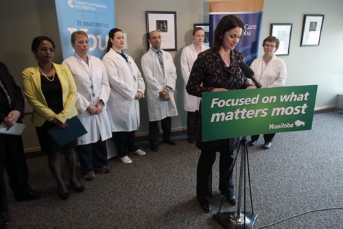 Manitoba Health Minister Erin Selby was at CancerCare Manitoba today announcing new testing procedures to identify patients at a greater risk of inherited colon cancer and other types of cancers -See Kevin Rollason story- Feb 03, 2014   (JOE BRYKSA / WINNIPEG FREE PRESS)