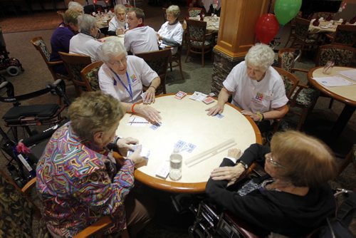 It's now the fifth year for the Games, originally formed in advance of the Vancouver Olympics in 2010. Some residence of Shaftesbury Park Retirement Residence play bridge as part of the All Senior Care Senior Games 2014. The 5 day event has games like Wii bowling, Bocce, and Shuffleboard. Opening ceremonies were today and closing ceremonies are on Friday. General overhead shot. BORIS MINKEVICH / WINNIPEG FREE PRESS. FEB 3, 2014