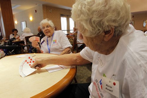 It's now the fifth year for the Games, originally formed in advance of the Vancouver Olympics in 2010. Some residence of Shaftesbury Park Retirement Residence play bridge as part of the All Senior Care Senior Games 2014. The 5 day event has games like Wii bowling, Bocce, and Shuffleboard. Opening ceremonies were today and closing ceremonies are on Friday. Marion Maxwell right. BORIS MINKEVICH / WINNIPEG FREE PRESS. FEB 3, 2014
