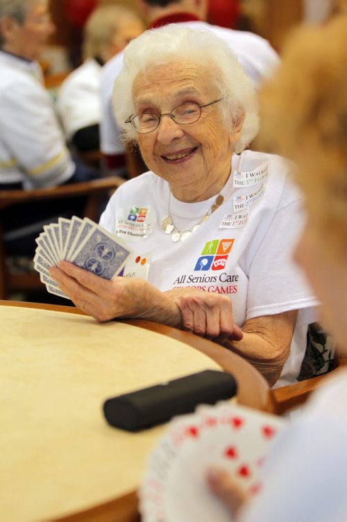 It's now the fifth year for the Games, originally formed in advance of the Vancouver Olympics in 2010. Some residence of Shaftesbury Park Retirement Residence play bridge as part of the All Senior Care Senior Games 2014. The 5 day event has games like Wii bowling, Bocce, and Shuffleboard. Opening ceremonies were today and closing ceremonies are on Friday. Roslyn Silver in photo. BORIS MINKEVICH / WINNIPEG FREE PRESS. FEB 3, 2014