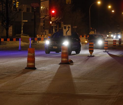 Stdup , Hydro construction cones are up restricting traffic to one lane  with no left turns  on Broadway at   Maryland for the next 4 weeks .Alternate routes are recommended . FEB. 5 2014 / KEN GIGLIOTTI / WINNIPEG FREE PRESS