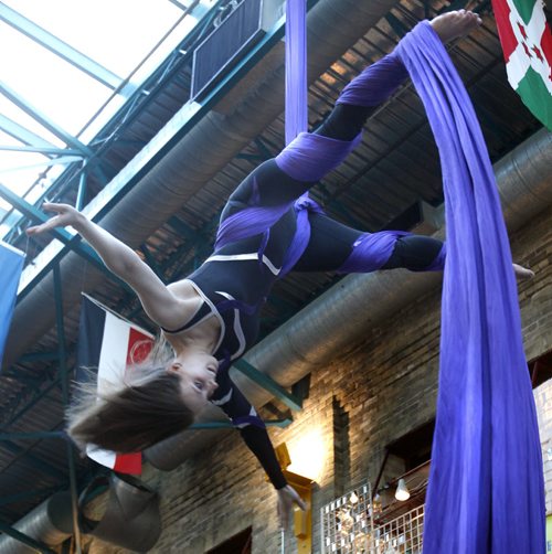 Aerialist Sara Shyiak and event coordinator of the upcoming Circus for Circus takes part in a media preview performance at The Forks Wednesday morning.  The  Circus for Circus is a  fundraiser event for the Winnipeg International Children's Festival C.A.M.P. Program for inner-city kids to be  held on February 21 at 7-11pm in the Manitoba Theatre for Young People lobby. The cocktail event includes performances from aerialists, hoop dancers and jugglers. Sara's six person Take Flight Aerial & Acrobatic Troupe will be at the fundraiser.  For story by intern Estefania.  Wayne Glowacki / Winnipeg Free Press Feb.5   2014
