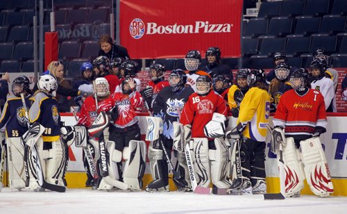 The 5th Annual Boston Pizza / Winnipeg Ringette League All-Star Games and Skills Competition at M.T.S. Centre. Goalies wait for their turn in the skills comprtition. BORIS MINKEVICH / WINNIPEG FREE PRESS. FEB 5, 2014