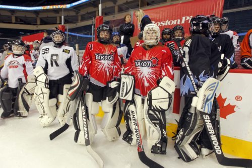 The 5th Annual Boston Pizza / Winnipeg Ringette League All-Star Games and Skills Competition at MTS Centre. Goalies wait for their turn in the skills comprtition. BORIS MINKEVICH / WINNIPEG FREE PRESS. FEB 5, 2014