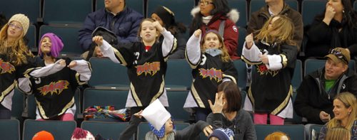 The 5th Annual Boston Pizza / Winnipeg Ringette League All-Star Games and Skills Competition at MTS Centre. Red River Rage players dance up a storm in the stands. BORIS MINKEVICH / WINNIPEG FREE PRESS. FEB 5, 2014