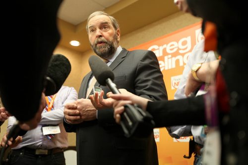 Federal NDP leader Thomas Mulcair talks to the press after his speech at the NDP Convention held at Canad Inns in Winnipeg Saturday morning. Feb 08,, 2014 Ruth Bonneville / Winnipeg Free Press