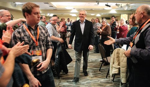 Manitoba's Premier Greg Selinger enters the NDP Convention floor to give the closing speech Sunday afternoon at Canad Inns Polo Park. 140209 - February 09, 2014 MIKE DEAL / WINNIPEG FREE PRESS