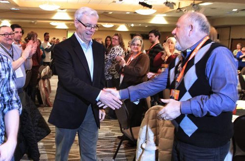 Manitoba's Premier Greg Selinger enters the NDP Convention floor to give the closing speech Sunday afternoon at Canad Inns Polo Park. 140209 - February 09, 2014 MIKE DEAL / WINNIPEG FREE PRESS