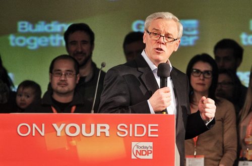 Manitoba's Premier Greg Selinger speaks at the end of the NDP Convention Sunday afternoon at Canad Inns Polo Park. 140209 - February 09, 2014 MIKE DEAL / WINNIPEG FREE PRESS