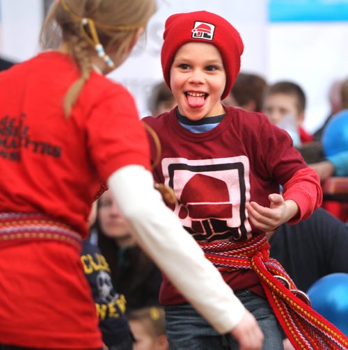 Six year old Caleb Arnaud dances with his sister Katherine to the music of The Bart House Band in the Sugar Shack at the 45 annual Festival du Voyageur Saturday afternoon.   Feb 15,, 2014 Ruth Bonneville / Winnipeg Free Press