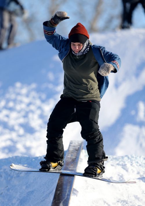Jade Oswald, 23, snowboarding at The Forks shortly after the Snow Jam competition, Saturday, February 15, 2014. (TREVOR HAGAN/WINNIPEG FREE PRESS)