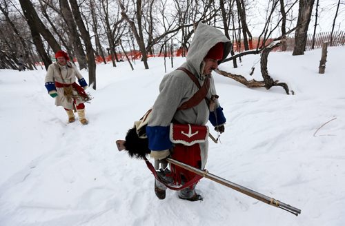 A historical reenactment between la Compagnie de La Verendrye and The Forces of Lord Selkirk at The Festival du Voyageur, Sunday, February 16, 2014. (TREVOR HAGAN/WINNIPEG FREE PRESS)