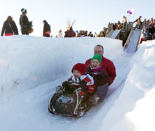 Tobogganers lose their sleds at Festival Du Voyageur snow park on Louis Riel Day. 140217 - Monday, {month name} 17, 2014 - (Melissa Tait / Winnipeg Free Press)