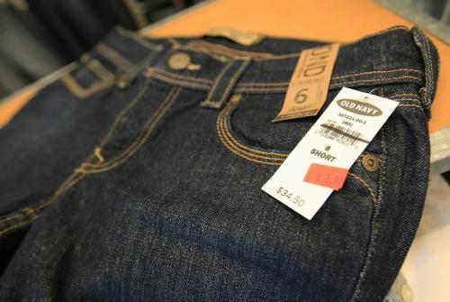 John Woods / Winnipeg Free Press / June 16/07- 070616  - A pair of bargain priced jeans at Old Navy in Grand Forks June 16/07.  The high Canadian dollar seems to be encouraging shoppers to head south for some bargains.
