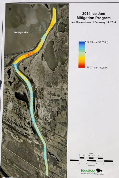 A copy of a  graphic showing the ice thickness on the Red River on display at the 2014 ice jam mitigation program news conference by Netley Creek along the Red River.  Bruce Owen story. Wayne Glowacki / Winnipeg Free Press Feb. 18   2014