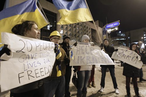 February 18, 2014 - 140218  -  About twenty people gathered outside the Centennial Concert Hall while The Shumka Dancers Ukrainian dancing troupe performed in Winnipeg Tuesday, February 18, 2014. John Woods / Winnipeg Free Press