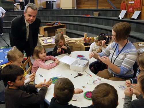 James Allum, Education and Advanced Learning Minister meets Arlene Tu's kindergarten class in the Cairns Children's Centre in R.H.G. Bonnycastle School prior to making an announcement that the province will create 250 new child-care spaces at four new centres and expanding an existing one for families in Winnipeg, St. Andrews and Oak Lake. There will be four new centres built and 74 more spaces added in the expansion of the Cairns Children's Centre in Waverly Heights.       see news release.  Wayne Glowacki / Winnipeg Free Press Feb. 19   2014