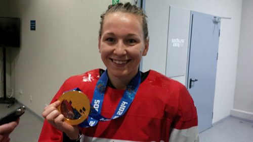 Jocelyne Larocque with gold medal. Canada celebrates after their 3-2 win in overtime against USA in the women's gold medal ice hockey game at the 2014 Winter Olympics, Thursday, Feb. 20, 2014, in Sochi, Russia. Gary Lawless photo / Winnipeg Free Press.