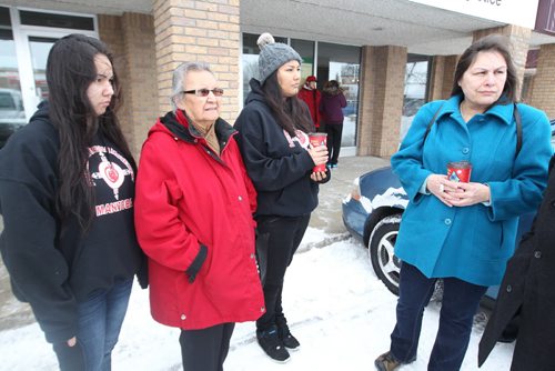 Ojibway First Nation near the Manitoba-Minnesota border violated a court injunction that the chief, John Thunder, had obtained against them and other band members a year earlier and today they were in a courtroom in Steinbach Thursday facing charges- L to R - Kari cobiness , 21yrs , Helen Cobiness, 82, Brittany Cobiness 20yrs, and  Andrea Colette Camp, 54-     See  Alex Paul story- Feb 20, 2014   (JOE BRYKSA / WINNIPEG FREE PRESS)