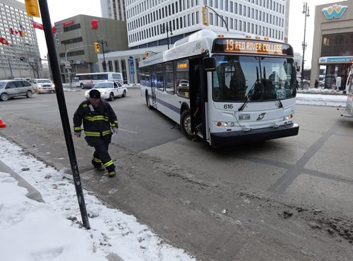 City of Wpg transit bus has  struck a pedestrian  on Potage Ave at Notre Dame Ave , the female pedestrian was transported to hospital , traffic  getting around the lane closure west bound is tied up on Portage Ave. Because of  emergency vehicles .  FEB. 20 2014 / KEN GIGLIOTTI / WINNIPEG FREE PRESS