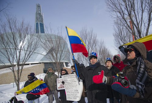 140222 Winnipeg - DAVID LIPNOWSKI / WINNIPEG FREE PRESS - February 22, 2014  A group braved the cold Saturday afternoon to rally support for Venezuela in front of the Canadian Museum for Human Rights to raise awareness of alleged human rights violations in the country.