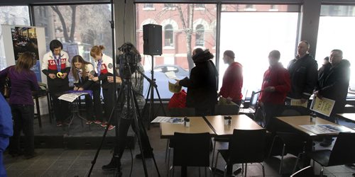 (l-r) Jill Officer, Kaitlyn Lawes and Dawn McEwen of the Canadian Women's Gold medal curling team at the Winnipeg Free Press News Cafe for a Q&A interview with reporter Geoff Kirbyson Tuesday afternoon. 140225 - Tuesday, February 25, 2014 -  (MIKE DEAL / WINNIPEG FREE PRESS)