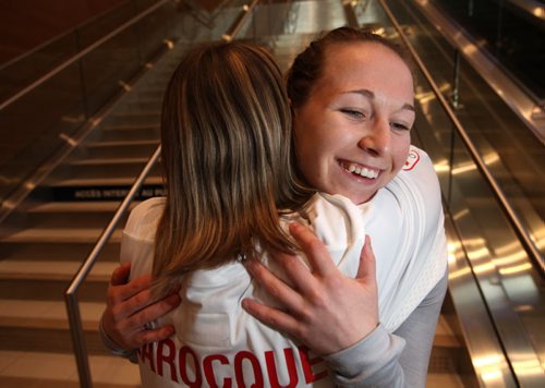 Jocelyne Larocque, arriving at the James Richardson International Airport, gets a big hug from her aunt as she arrives in Winnipeg Thursday afternoon. See Mary Agnes Welch story re: Olympic Gold. February 27, 2014 - (Phil Hossack / Winnipeg Free Press)