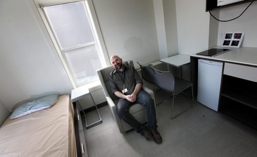 Michael Foster director at the Main Street Project's "Harm Reduction" program.  He's posing in a vacant room which will be used to house a homeless person in the Bell Hotel. See Randy Turner's Homeless feature. February 20, 2014 - (Phil Hossack / Winnipeg Free Press)