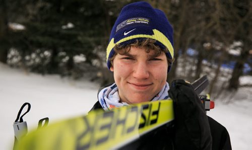 Jesse Bachinsky, 15, before his 7.5km male juvenile cross country ski race, as part of the 2014 Power Smart Manitoba Winter Games at Birch Ski Area in Roseisle, MB. Bachinsky is thought to be the first ever visually impaired athlete to compete in cross country skiing at the Manitoba Games. 140303 - Monday, {month name} 03, 2014 - (Melissa Tait / Winnipeg Free Press)