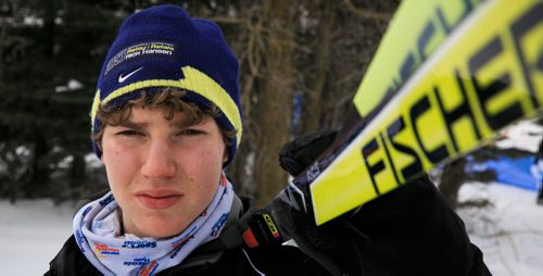 Jesse Bachinsky, 15, before his 7.5km male juvenile cross country ski race, as part of the 2014 Power Smart Manitoba Winter Games at Birch Ski Area in Roseisle, MB. Bachinsky is thought to be the first ever visually impaired athlete to compete in cross country skiing at the Manitoba Games. 140303 - Monday, {month name} 03, 2014 - (Melissa Tait / Winnipeg Free Press)