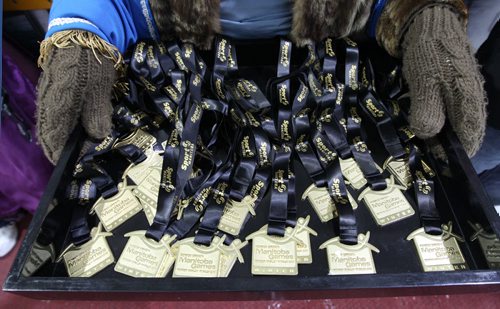 Tray of gold medals being presented to the Winnipeg West Gold ringette team after their win win over team interlake 10-4  at  The 2014 Morden Stanley Winkler Power Smart Manitoba Games Wednesday being held in Winkler/Morden- The games wrap up Mar 08-   Standup photo- Mar 05, 2014   (JOE BRYKSA / WINNIPEG FREE PRESS)