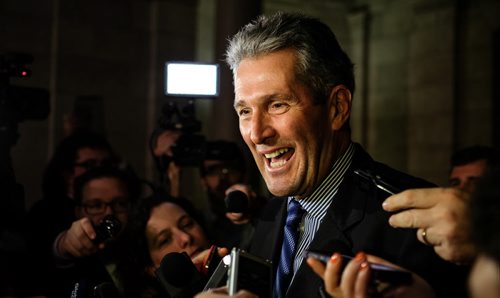 Leader of the Opposition PC MLA Brian Pallister talks to the media after NDP Finance Minister Jennifer HowardÄôs first budget was presented in the Legislative Chamber this afternoon. 140306 - Thursday, March 06, 2014 -  (MIKE DEAL / WINNIPEG FREE PRESS)