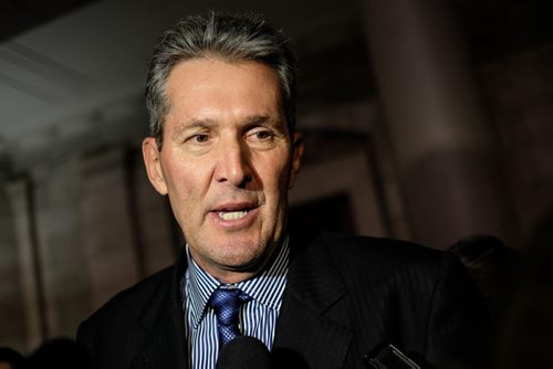 Leader of the Opposition PC MLA Brian Pallister talks to the media after NDP Finance Minister Jennifer HowardÄôs first budget was presented in the Legislative Chamber this afternoon. 140306 - Thursday, March 06, 2014 -  (MIKE DEAL / WINNIPEG FREE PRESS)