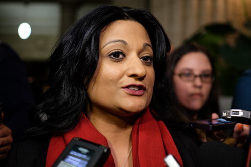 Rana Bokhari leader of the Manitoba Liberal Party talks to the media after NDP Finance Minister Jennifer HowardÄôs first budget was presented in the Legislative Chamber this afternoon. 140306 - Thursday, March 06, 2014 -  (MIKE DEAL / WINNIPEG FREE PRESS)