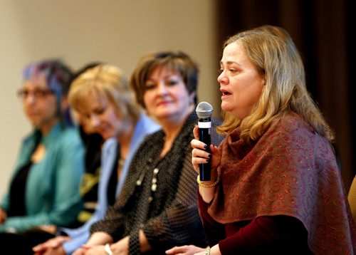 speaker (right) is Dr. KarenBusby  , Prof. Faculty of Law  UofM  -Inspiring Change for Women In Manitoba , breakfast panel discussion held Friday at the Delta Hotel , the six women panel come from various alks of life and all are Women of Distinction winners / story by adam wazney Mar. 7 2014 / KEN GIGLIOTTI / WINNIPEG FREE PRESS
