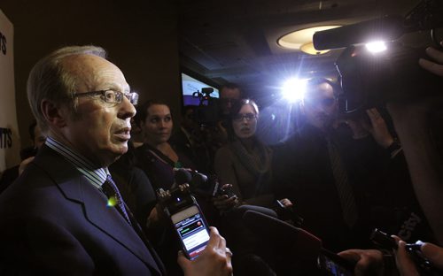 Mayor Sam Katz  with media after he delivered his annual State of the City Address at the  Winnipeg Chamber of Commerce luncheon Friday at the RBC Convention Centre. Bart Kives/ Aldo Santin stories Wayne Glowacki / Winnipeg Free Press March 7   2014