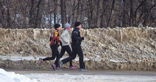A great day to get out and stretch the legs, just watch out for the 6' snowbanks and the melting muck on the streets. Joggers make there way along the uneven ground along Wellington Crescent Sunday morning.  140309 March 9, 2014 Mike Deal / Winnipeg Free Press
