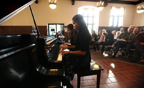 Twelve year olds Megan Chang  (rear) and Jasmine Chen just  before performing their piano duet at the Winnipeg Music Festival competition at CMU Saturday afternoon.  March 08, 2014 Ruth Bonneville / Winnipeg Free Press