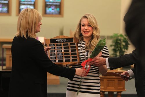 Adjudicator Naomi Forman  presents  Christina Thanisch-Smith the  1st place  WH Anderson Memorial Trophy  for Vocalists 16 years and under at Churchill United Church during the Winnipeg Music Festival Saturday.  March 08, 2014 Ruth Bonneville / Winnipeg Free Press
